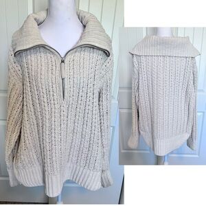 Aerie Cream Cowl Neck Cable Knit Quarter Zip Cozy Soft Sweater Sz Large